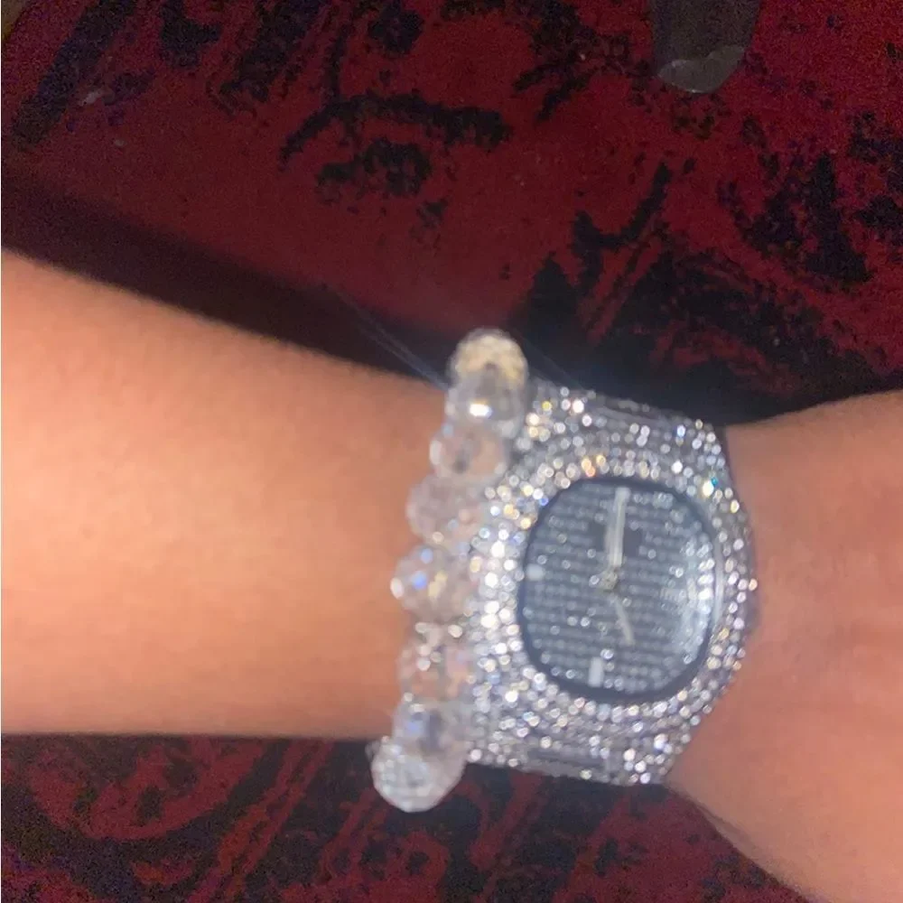 Iced Out Silver Diamond Quartz Watch Stainless Steel Bust Down Luxury Big Face